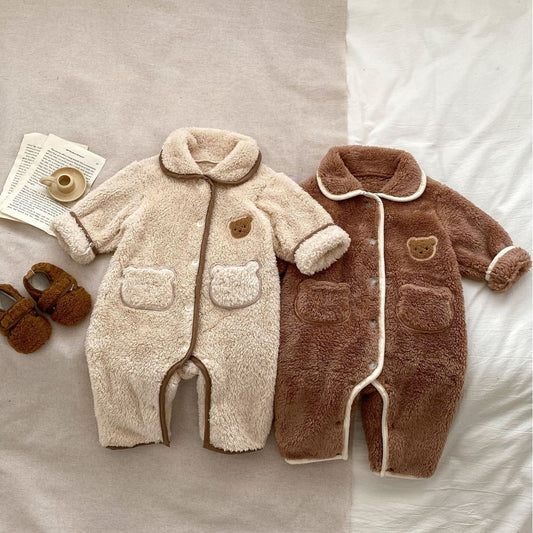 Brown Fleece Winter Button Up Onesie