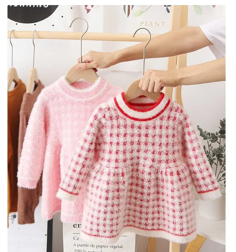 Girls' Pink and Red Heart Print Fleece Sweater Dress