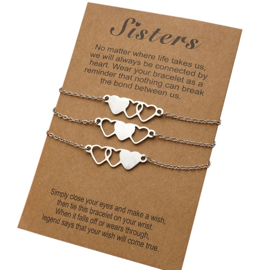 3 Piece Matching Heart Shaped "Sisters" Bracelets