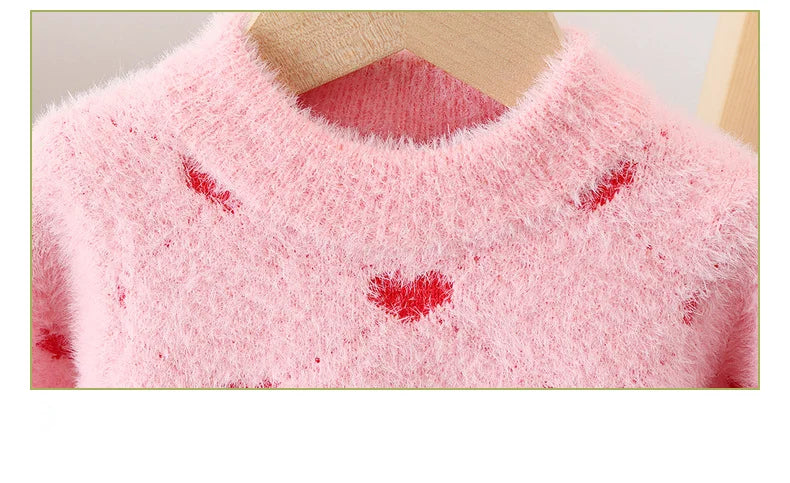 Girls' Pink and Red Heart Print Fleece Sweater Dress