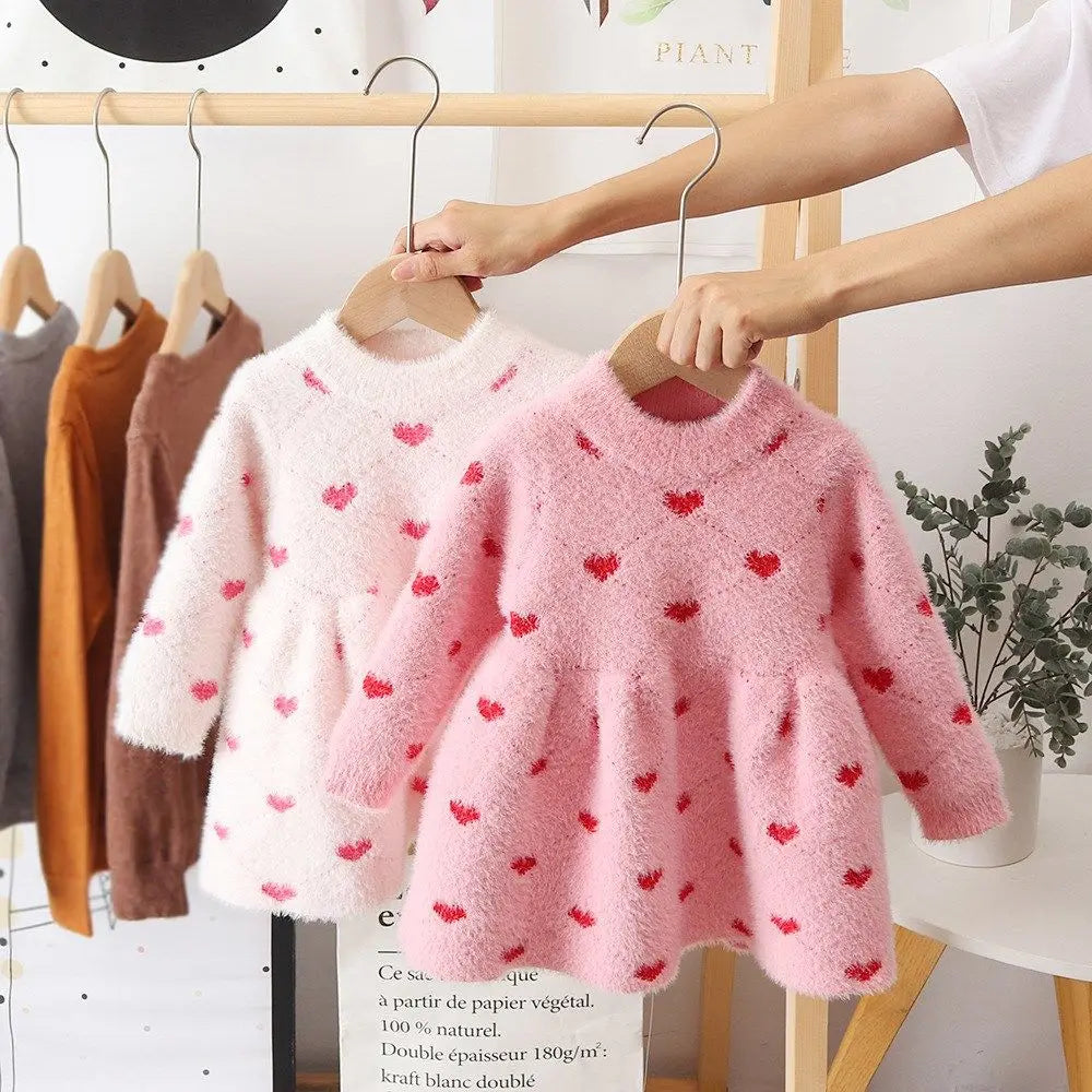 Girls' Pink and Red Heart Print Fleece Sweater Dress