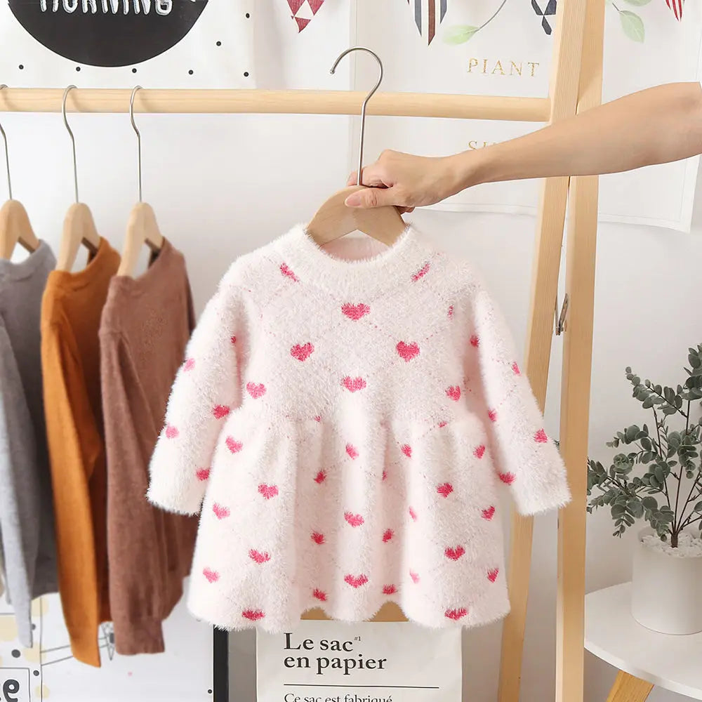 Girls' Pink and Red Heart Print Fleece Sweater Dress