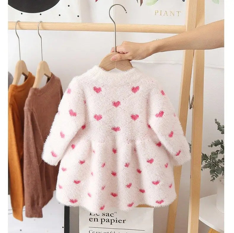 Girls' Pink and Red Heart Print Fleece Sweater Dress