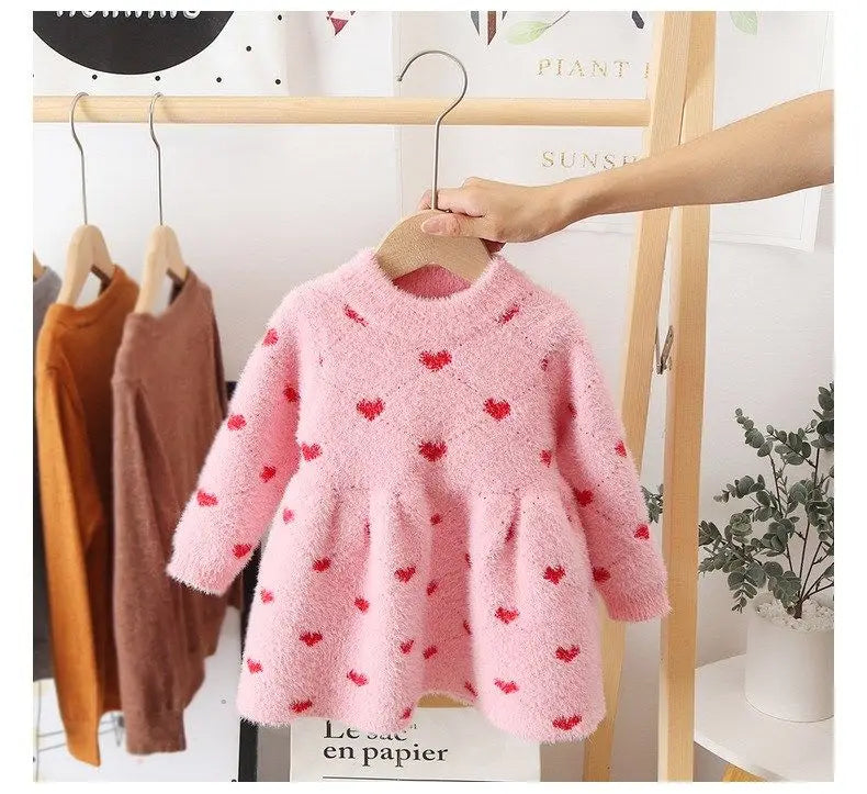 Girls' Pink and Red Heart Print Fleece Sweater Dress