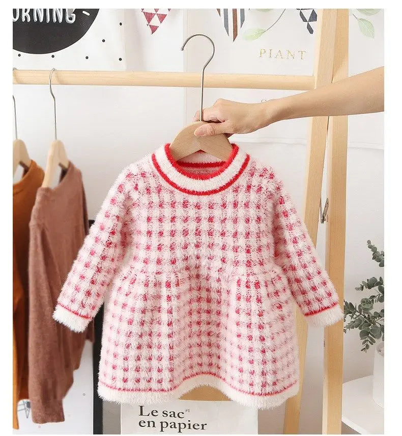 Girls' Pink and Red Heart Print Fleece Sweater Dress