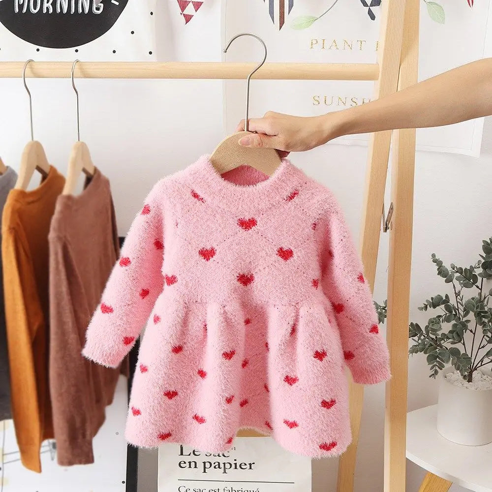 Girls' Pink and Red Heart Print Fleece Sweater Dress