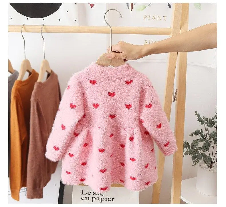 Girls' Pink and Red Heart Print Fleece Sweater Dress