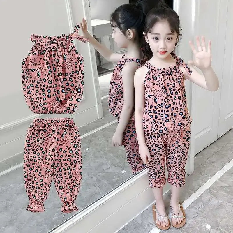 Leopard Print Girls Sleeveless Matching Set