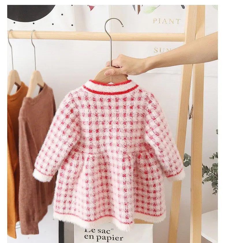 Girls' Pink and Red Heart Print Fleece Sweater Dress