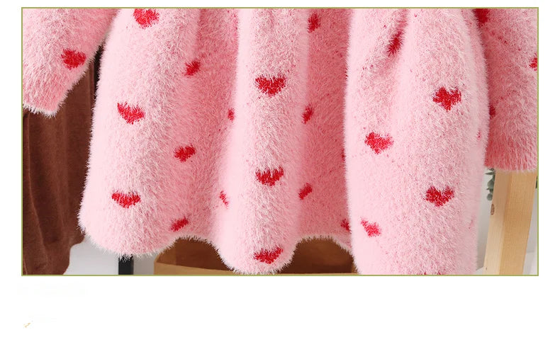 Girls' Pink and Red Heart Print Fleece Sweater Dress