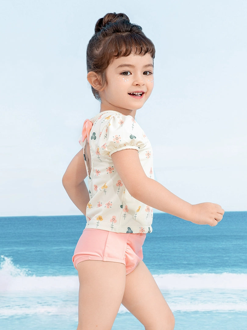 Girls' 2 Piece Swimming Floral Open Back Shirt and Matching Bottoms