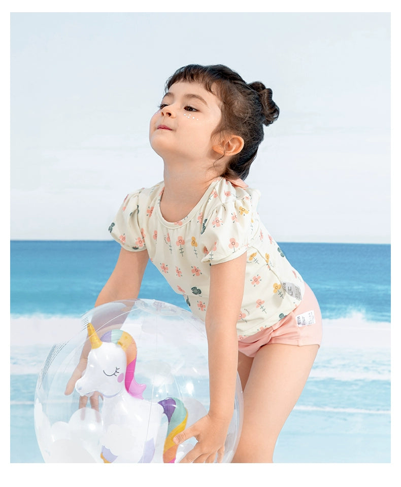 Girls' 2 Piece Swimming Floral Open Back Shirt and Matching Bottoms