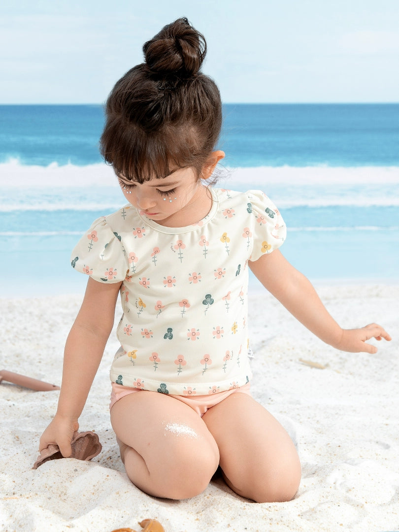 Girls' 2 Piece Swimming Floral Open Back Shirt and Matching Bottoms