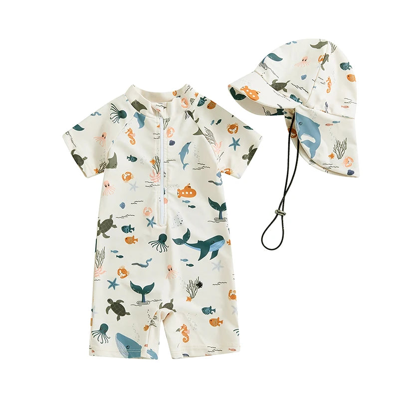 Boys' One-Piece Shortsleeve Swimsuit with Hat