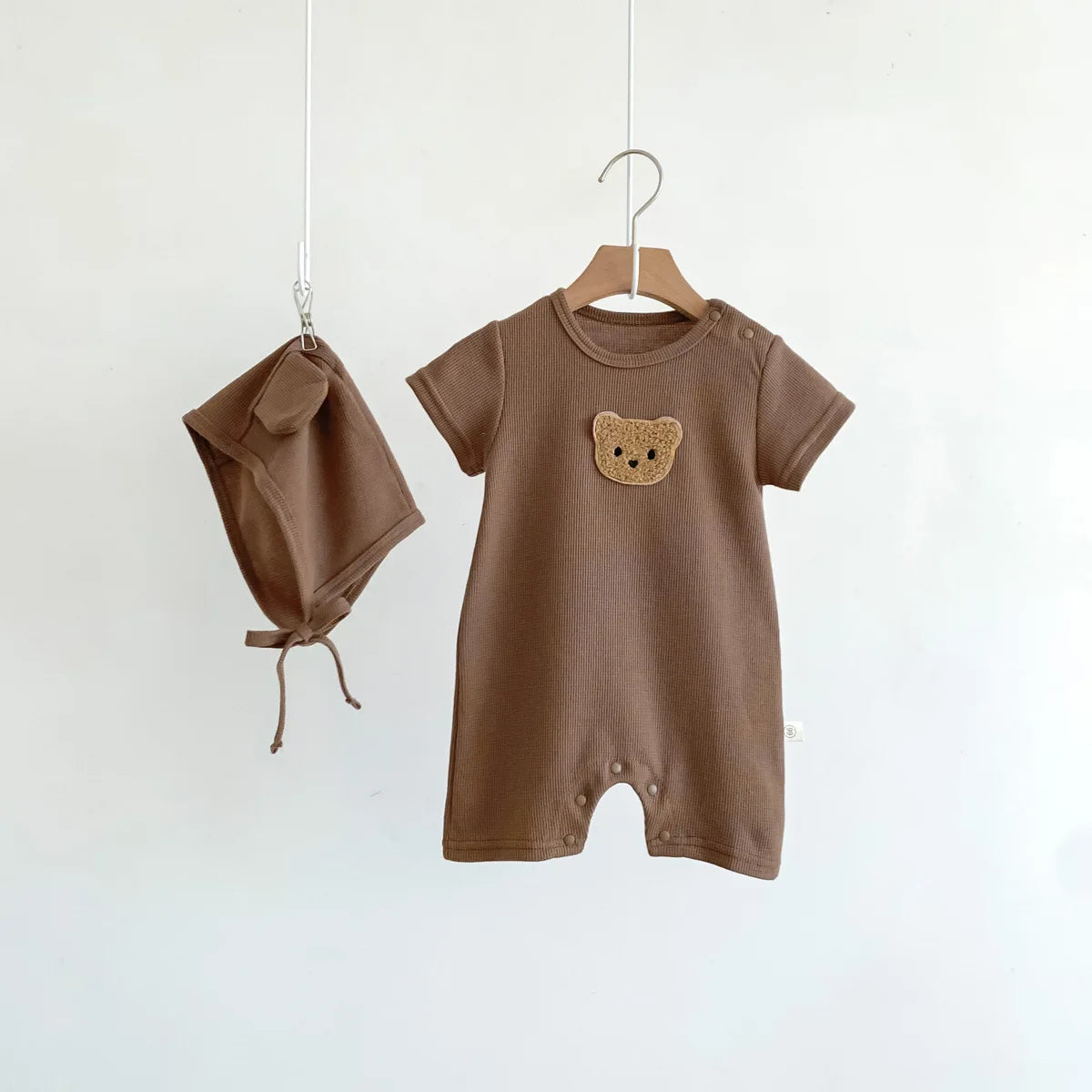 Short Sleeve Waffle Patch Teddy Bear Onesie 0-24M