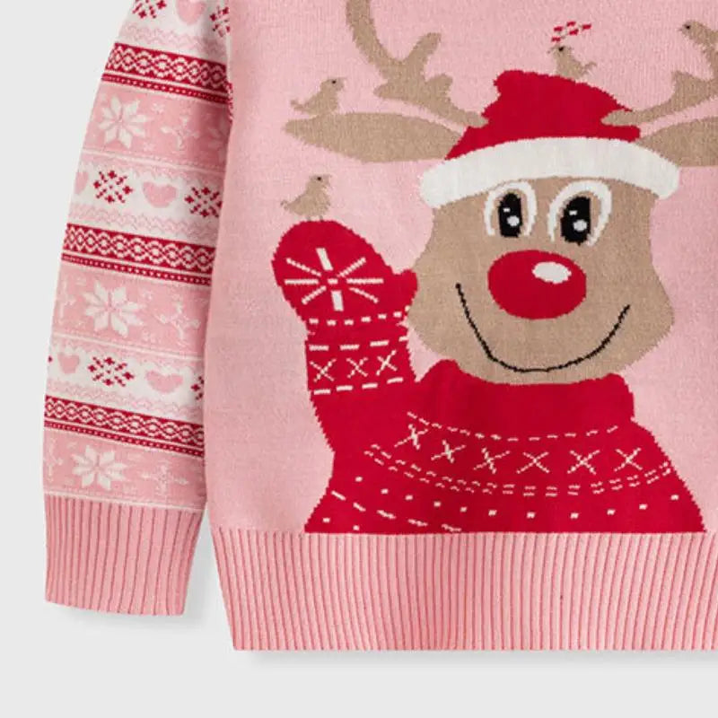 Winter Girls' Reindeer Print Cartoon Sweater – Cute Long-Sleeved Christmas Knit for Girls 🎄🦌