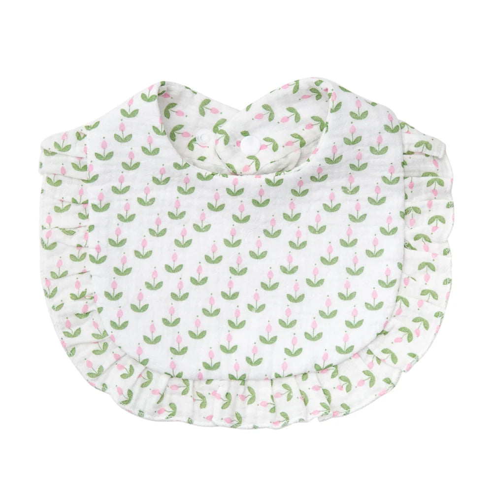 Flower Print Muslin Cotton Baby Bib – Adjustable Snap, Ruffled Edge