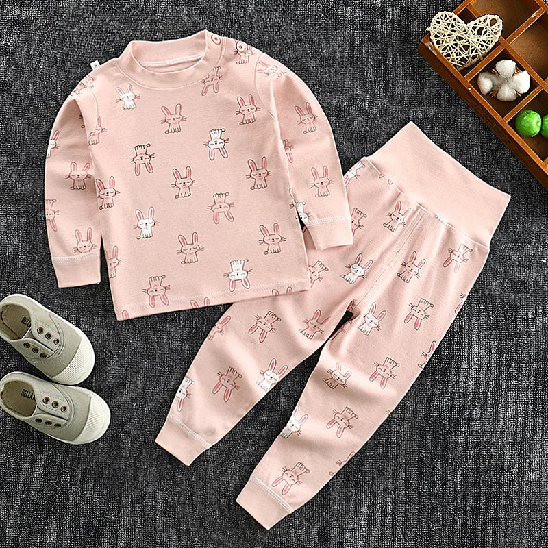 Boys' and Girls' Cotton Long Johns Cartoon Print Pajama Set