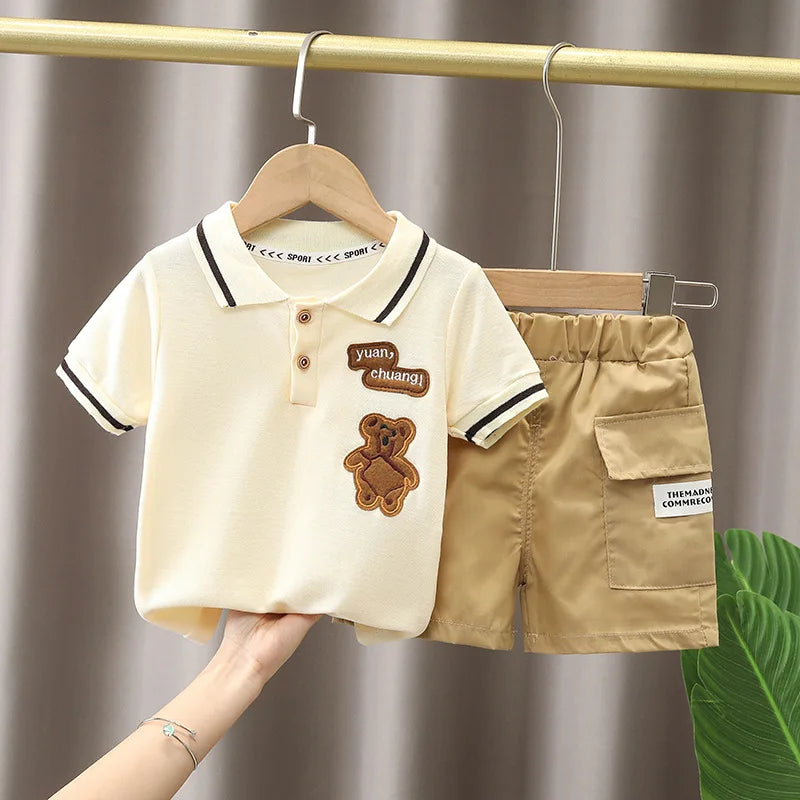 Boys Creme and Khaki Teddy Bear Polo Set 0M-5T