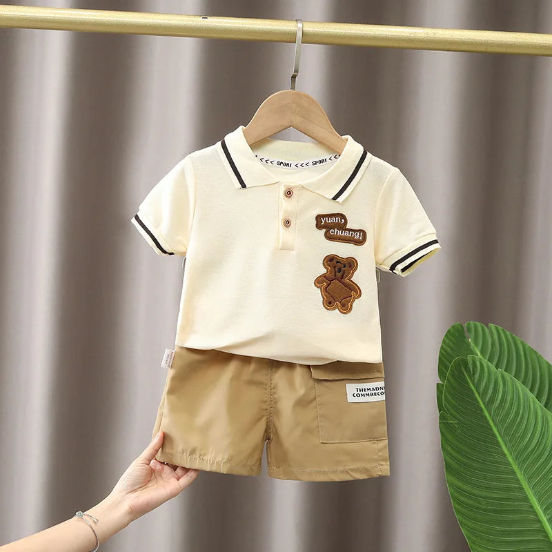 Boys Creme and Khaki Teddy Bear Polo Set 0M-5T