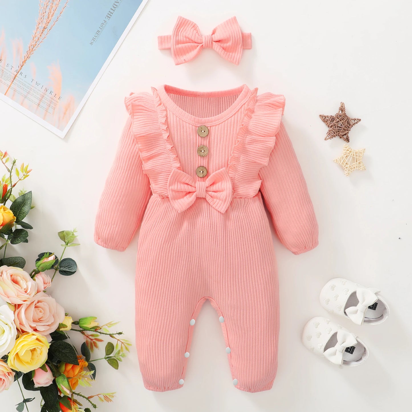 Long Sleeved Ruffle Onesie with Headband Onesie 0-18 Months