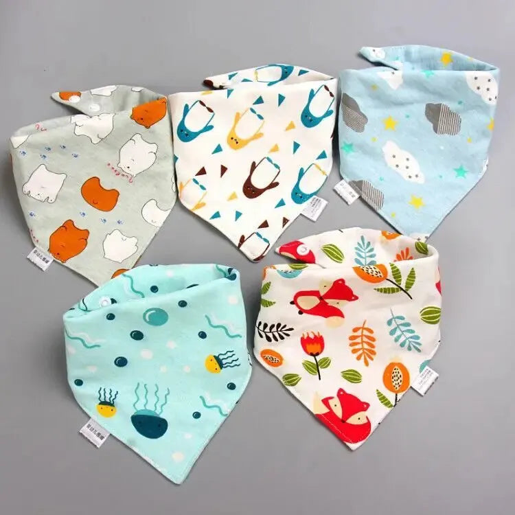 5Pcs Baby Cotton Bibs – Cute Cartoon Print Bandana Bibs