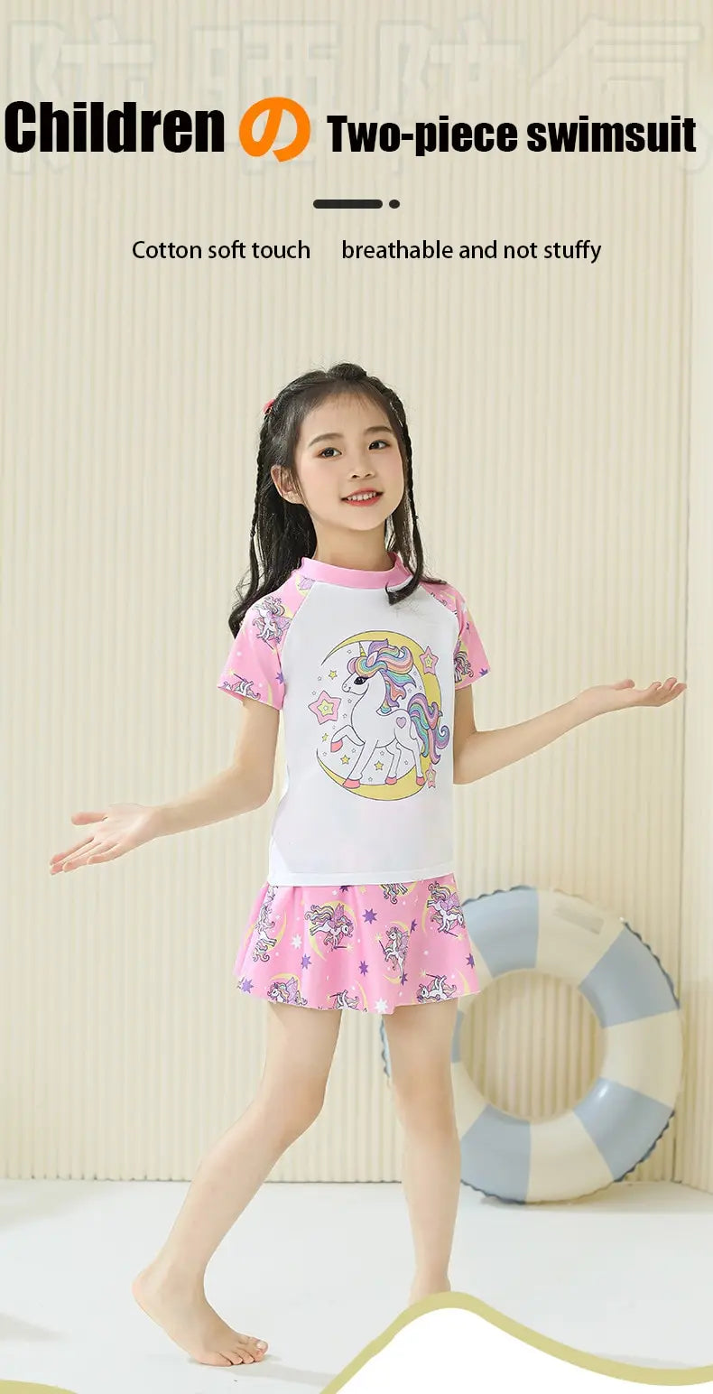 Girls' Two-Piece Unicorn Swim Shirt and Skirt