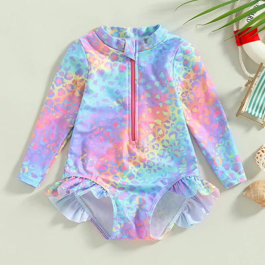 Girls' Long-Sleeve One-Piece Floral Fish Scale Swimsuit with Ruffles