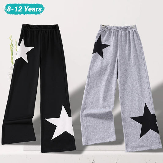 Girls' Five-Point Star Embroidered Elastic Pants – Stylish Spring & Autumn Wear (8-12 Years) ⭐