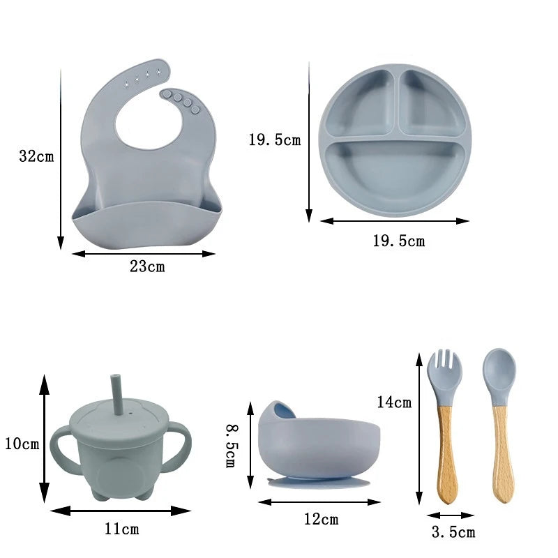 Children's Silicone Tableware Set - 6/8-Piece Baby Dining Set with Suction Cups, Utensils, Bib & More