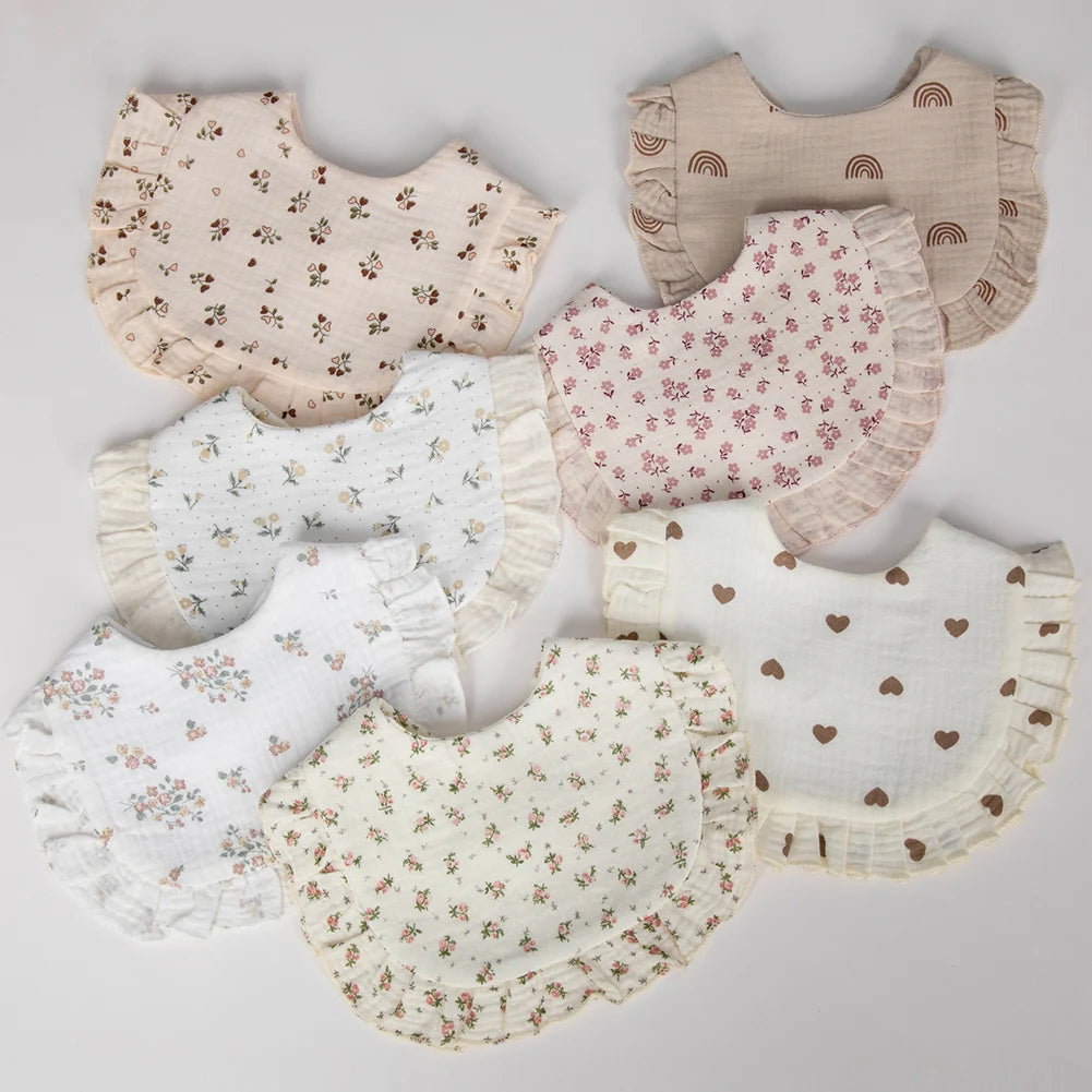 Flower Print Muslin Cotton Baby Bib – Adjustable Snap, Ruffled Edge