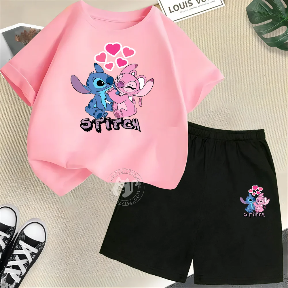 Disney Stitch & Angel Kids' Summer Outfit – 100% Cotton T-Shirt & Shorts Set 🏝️💙