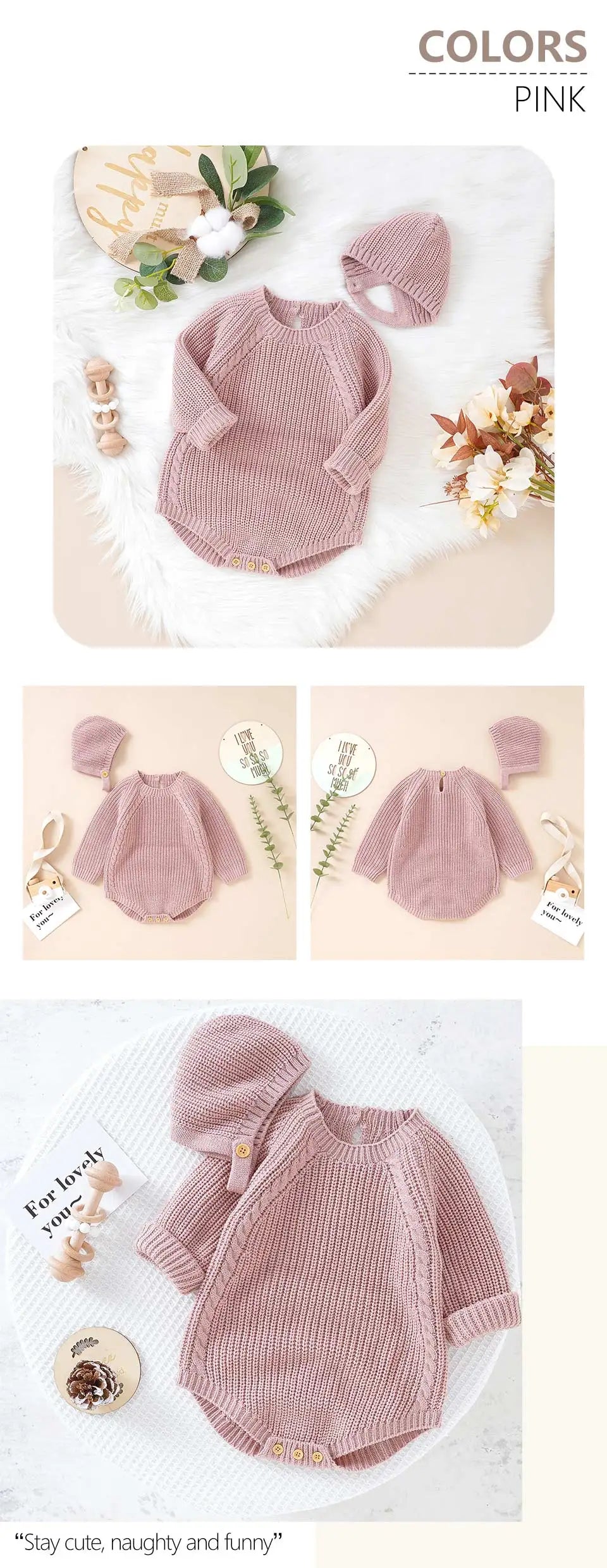 Long-Sleeve Knit Onesie with Matching Knit Hat