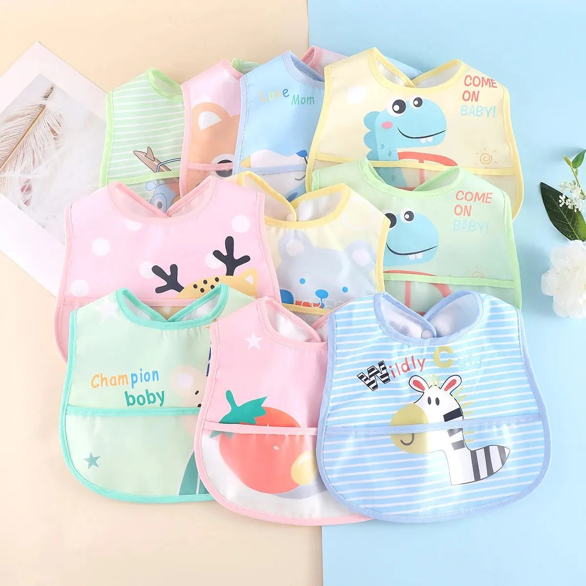 5pcs Cartoon Animals Waterproof Baby Bibs – Adjustable Feeding Aprons for Toddlers