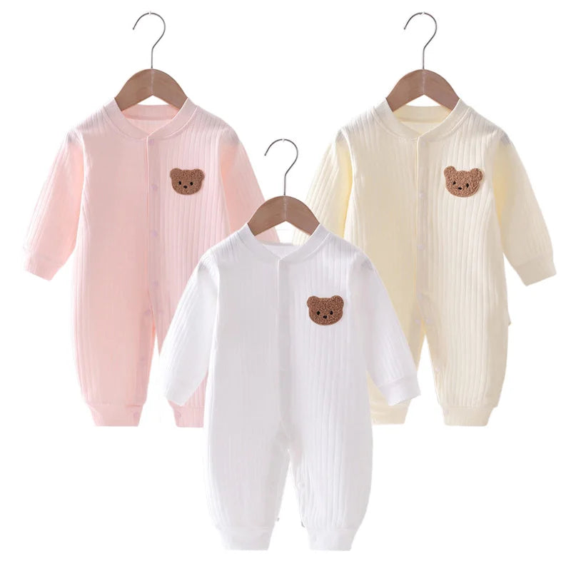 Solid Color Teddy Bear Patch Cotton Onesie 0-18M