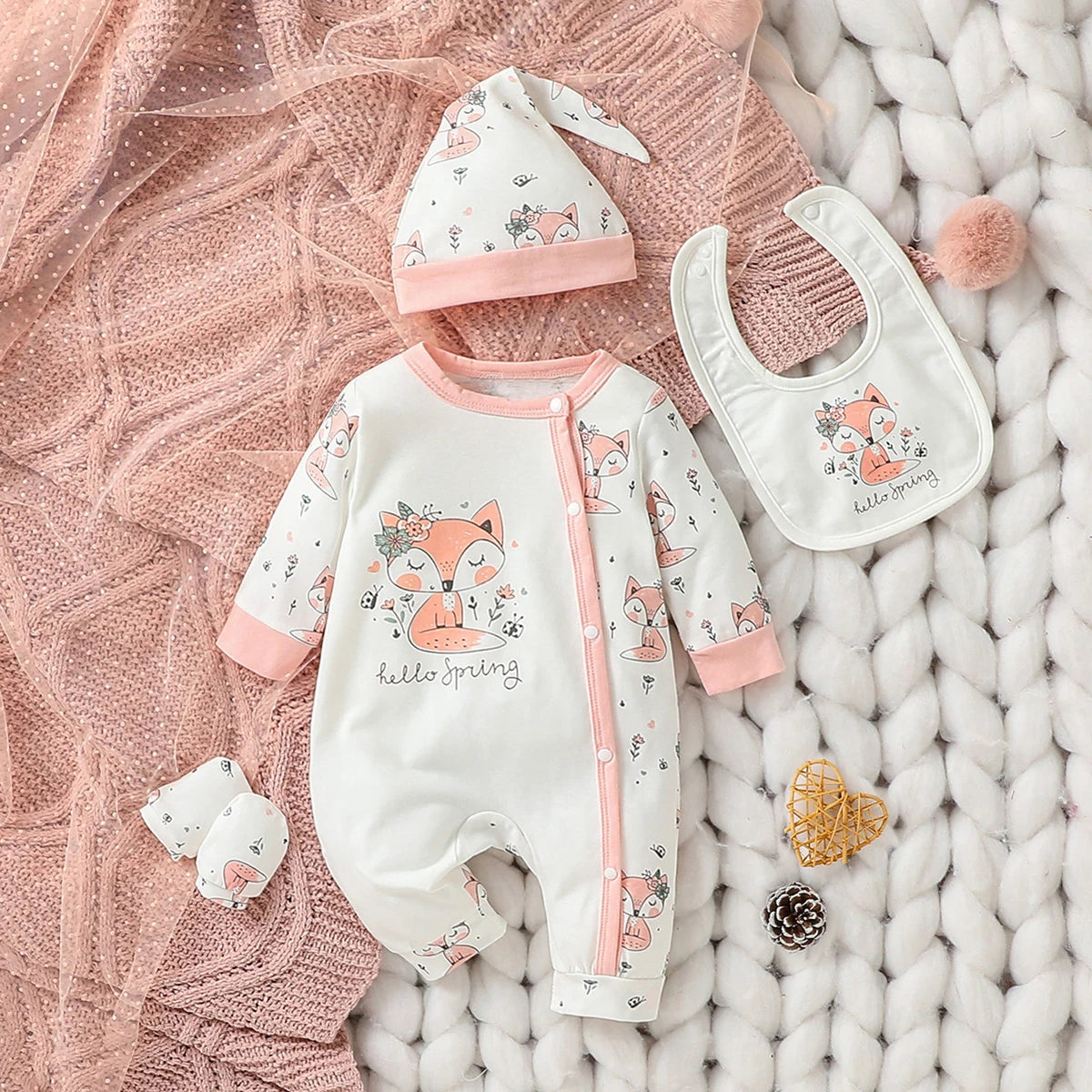 4-Piece Baby Girls' Long-Sleeve Cartoon Deer Onesie Set