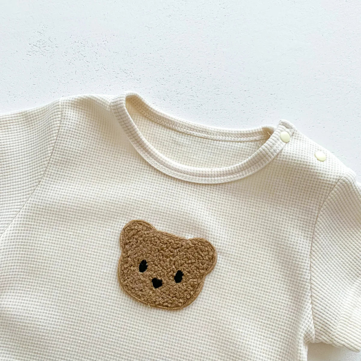 Short Sleeve Waffle Patch Teddy Bear Onesie 0-24M