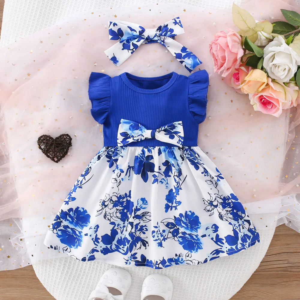 Summer New Blue Bow Baby Girl Dress with Free Hairband – Adorable & Fashionable (6M-3Y) 🎀👗