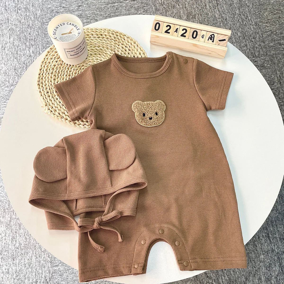 Short Sleeve Waffle Patch Teddy Bear Onesie 0-24M