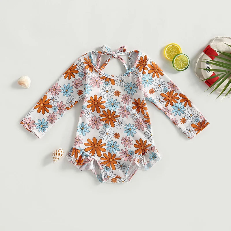 Girls' Long-sleeved Floral Ruffle Swimsuit