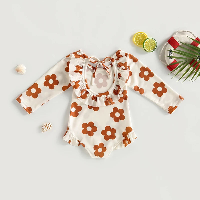 Girls' Long-sleeved Floral Ruffle Swimsuit