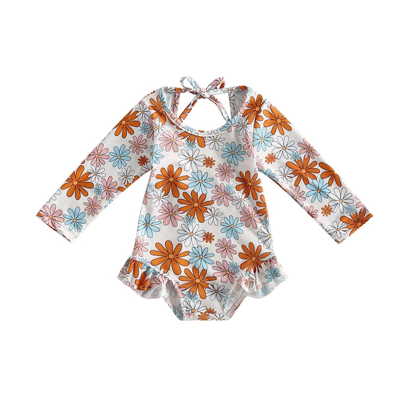 Girls' Long-sleeved Floral Ruffle Swimsuit