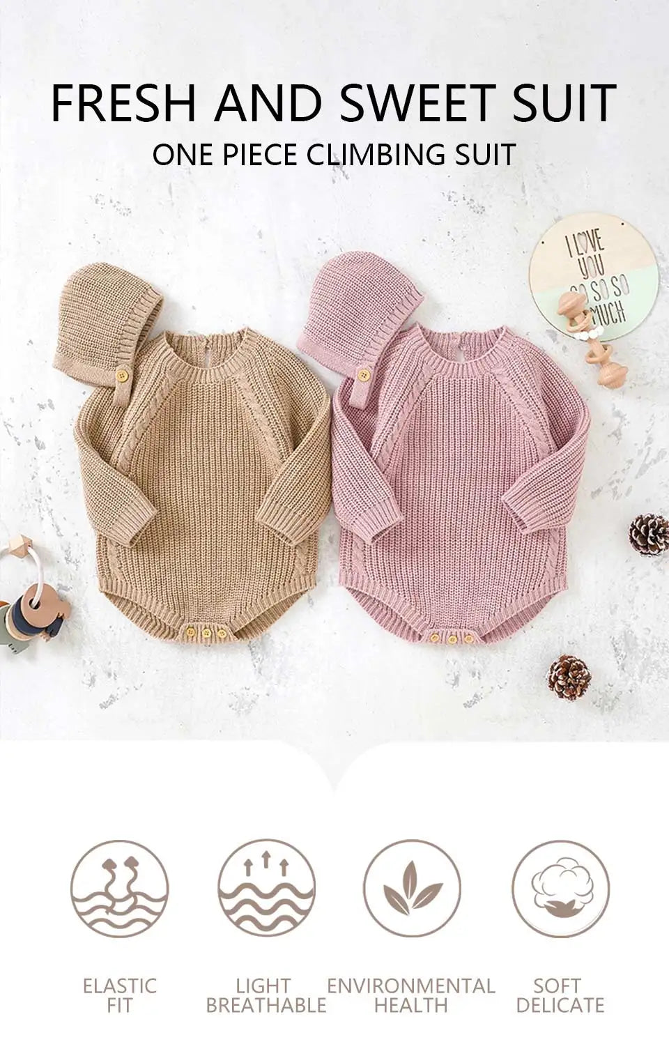 Long-Sleeve Knit Onesie with Matching Knit Hat