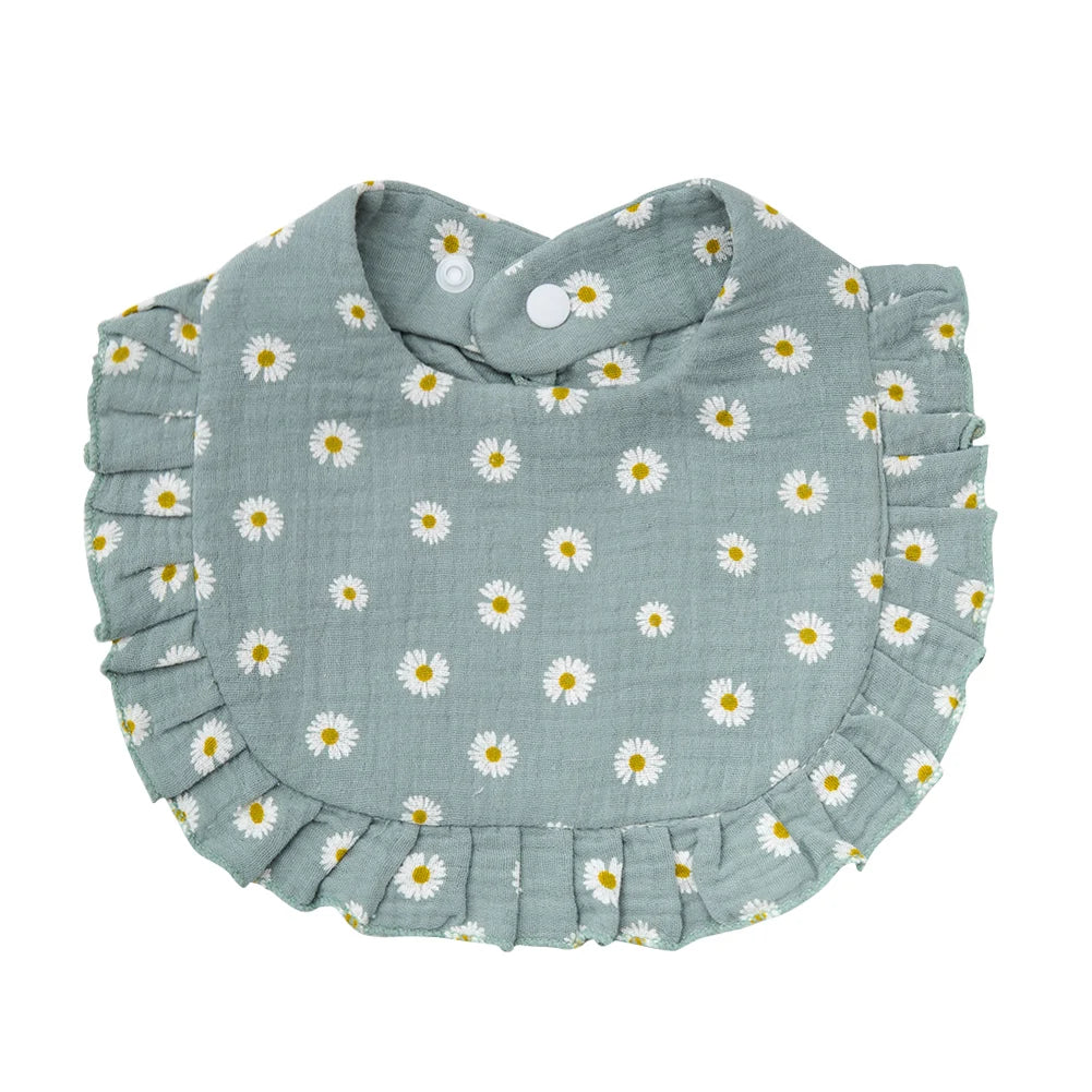 Flower Print Muslin Cotton Baby Bib – Adjustable Snap, Ruffled Edge