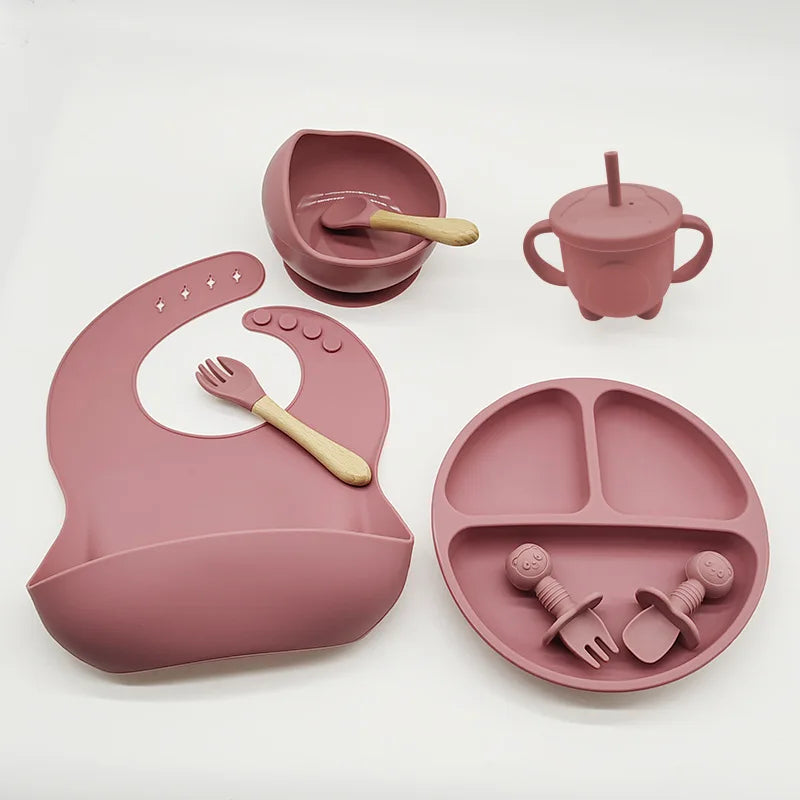 Children's Silicone Tableware Set - 6/8-Piece Baby Dining Set with Suction Cups, Utensils, Bib & More