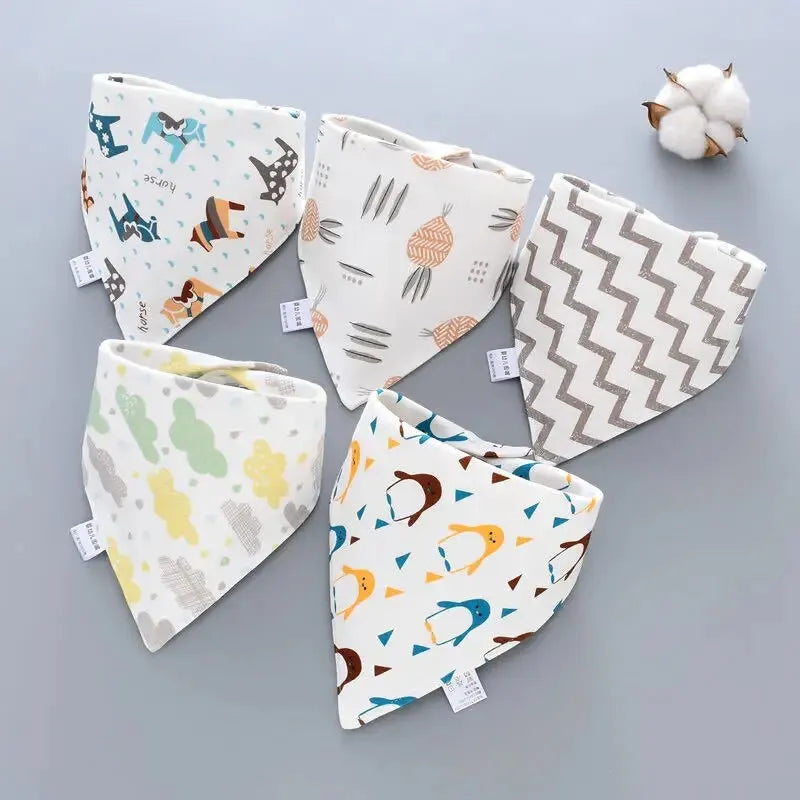 5Pcs Baby Cotton Bibs – Cute Cartoon Print Bandana Bibs