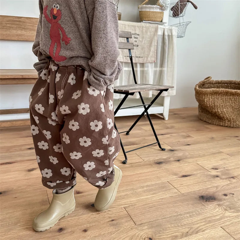 Autumn Vintage Flower Print Harem Pants – Loose Cotton Trousers for Girls 🍂🌸