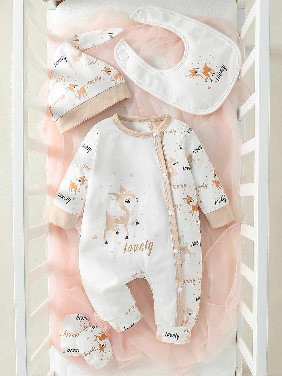 4-Piece Baby Girls' Long-Sleeve Cartoon Deer Onesie Set