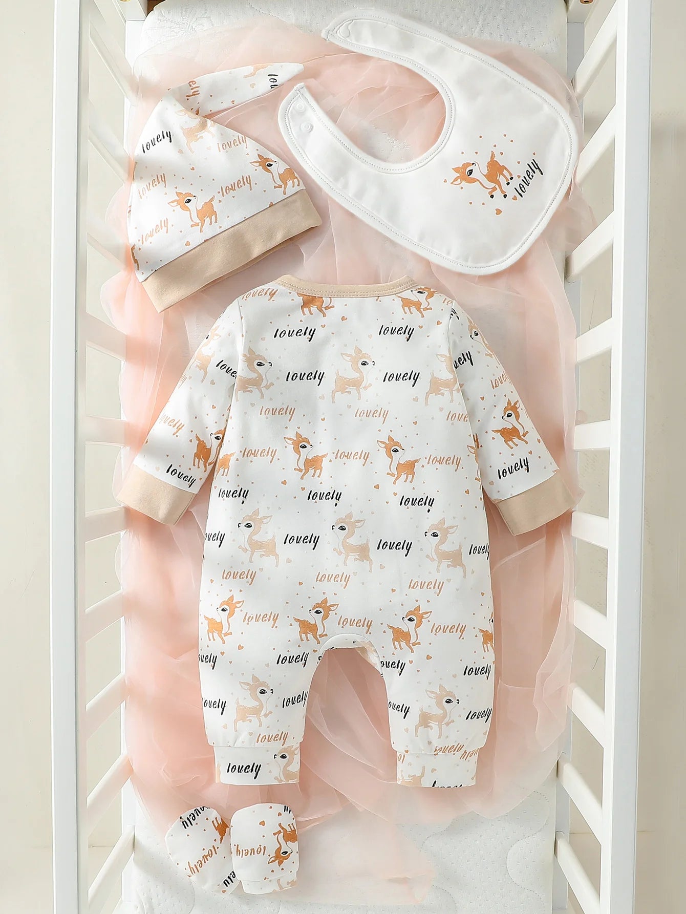 4-Piece Baby Girls' Long-Sleeve Cartoon Deer Onesie Set