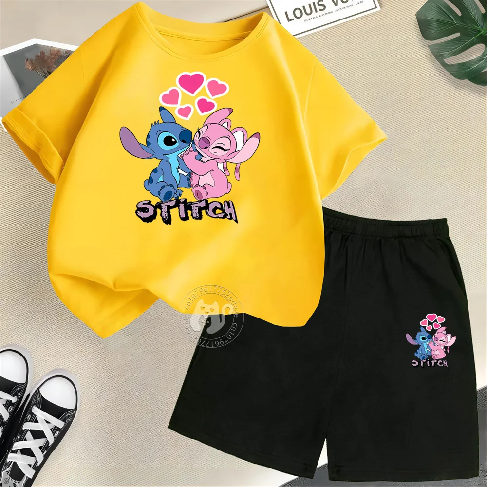 Disney Stitch & Angel Kids' Summer Outfit – 100% Cotton T-Shirt & Shorts Set 🏝️💙